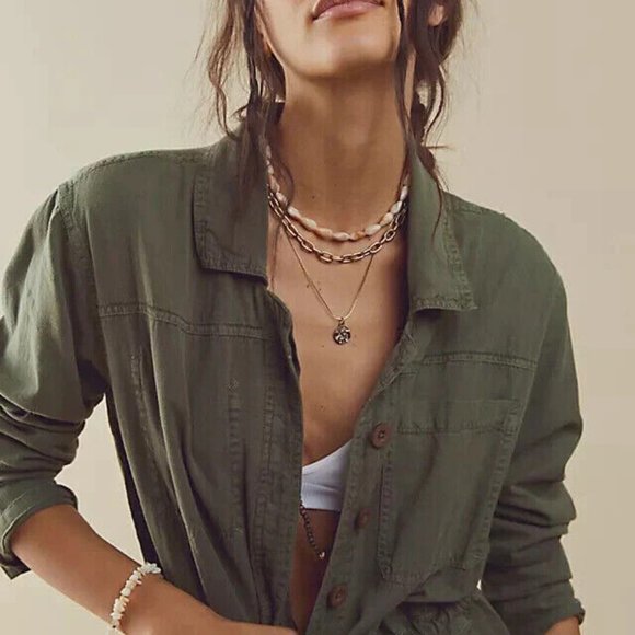 Free People Quinn Coveralls Jumpsuit Button Up Green New - Picture 3 of 4